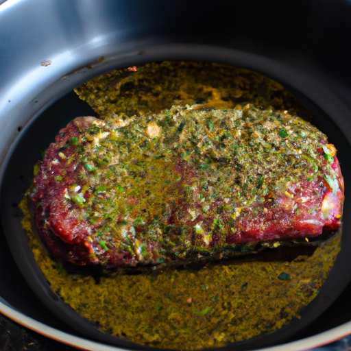 A raw steak marinating in a mixture of olive oil, garlic, and herbs